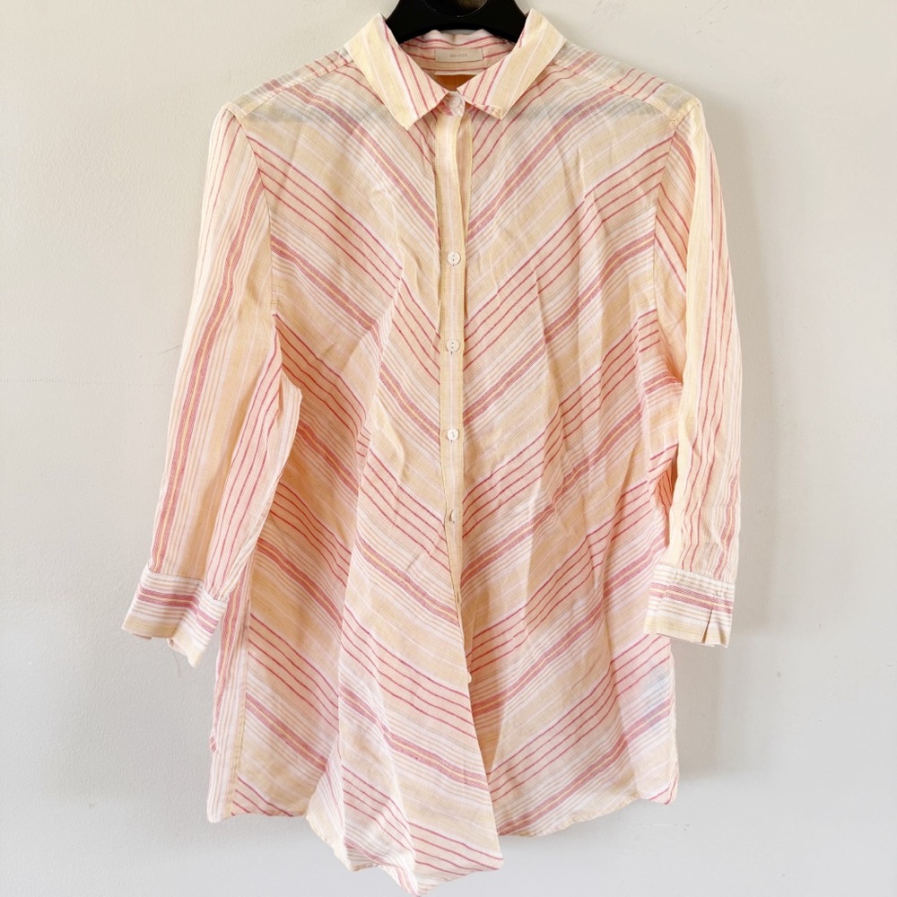 Chicos Women 100% Linen No Iron Striped Button Down Top XL Office Career Beach